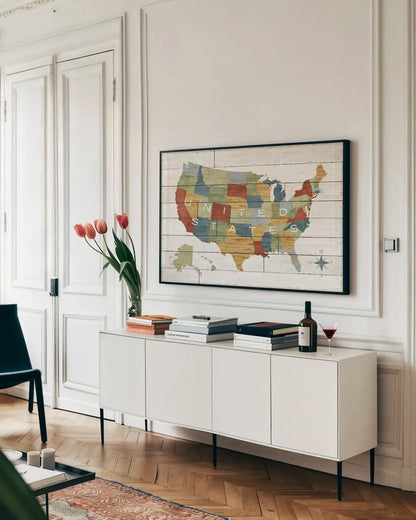 Barnboard Map by Sue Schlabach. shown as a framed stretched canvas in a living room above a console. Available as a archival giclee rolled canvas, fine art paper, or poster print. SKU 23967i.