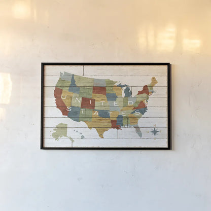 Barnboard Map by Sue Schlabach. shown as a paper print in a black flame. Available as a archival giclee rolled canvas, fine art paper, or poster print. SKU 23967i.