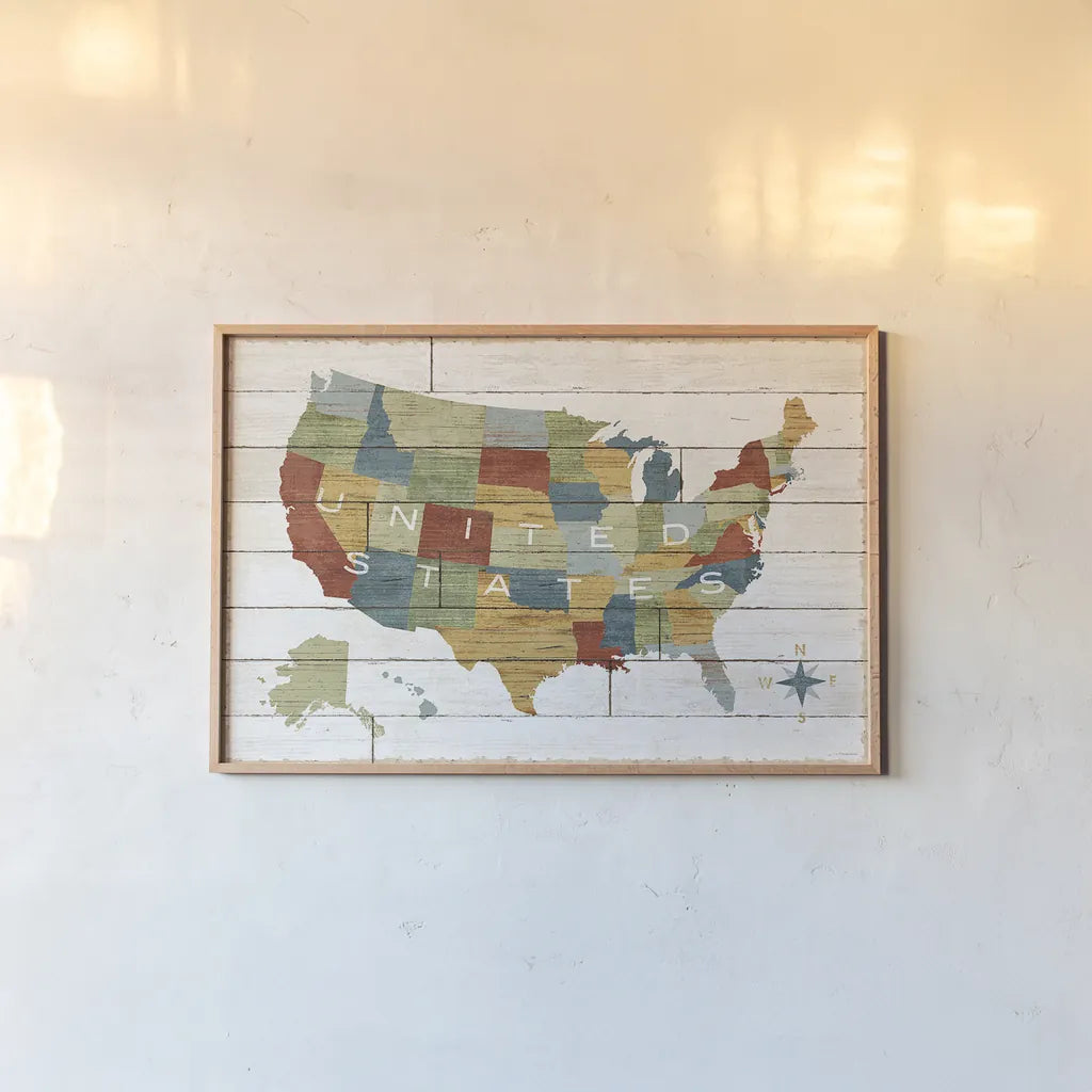 Barnboard Map by Sue Schlabach. shown as a paper print in a natural frame. Available as a archival giclee rolled canvas, fine art paper, or poster print. SKU 23967i.