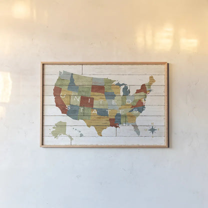 Barnboard Map by Sue Schlabach. shown as a paper print in a natural frame. Available as a archival giclee rolled canvas, fine art paper, or poster print. SKU 23967i.