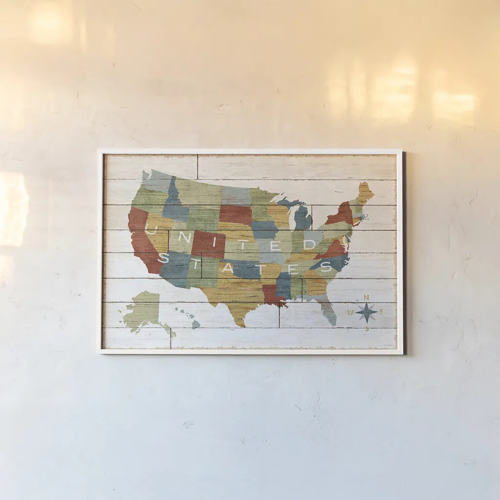 Barnboard Map by Sue Schlabach. shown as a paper print in a white frame. Available as a archival giclee rolled canvas, fine art paper, or poster print. SKU 23967i.