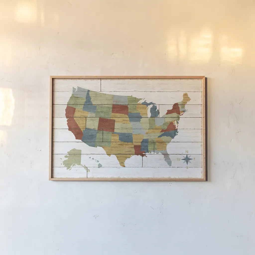 Barnboard Map no Words by Sue Schlabach. shown as a paper print in a natural frame. Available as a archival giclee rolled canvas, fine art paper, or poster print. SKU 38870i.