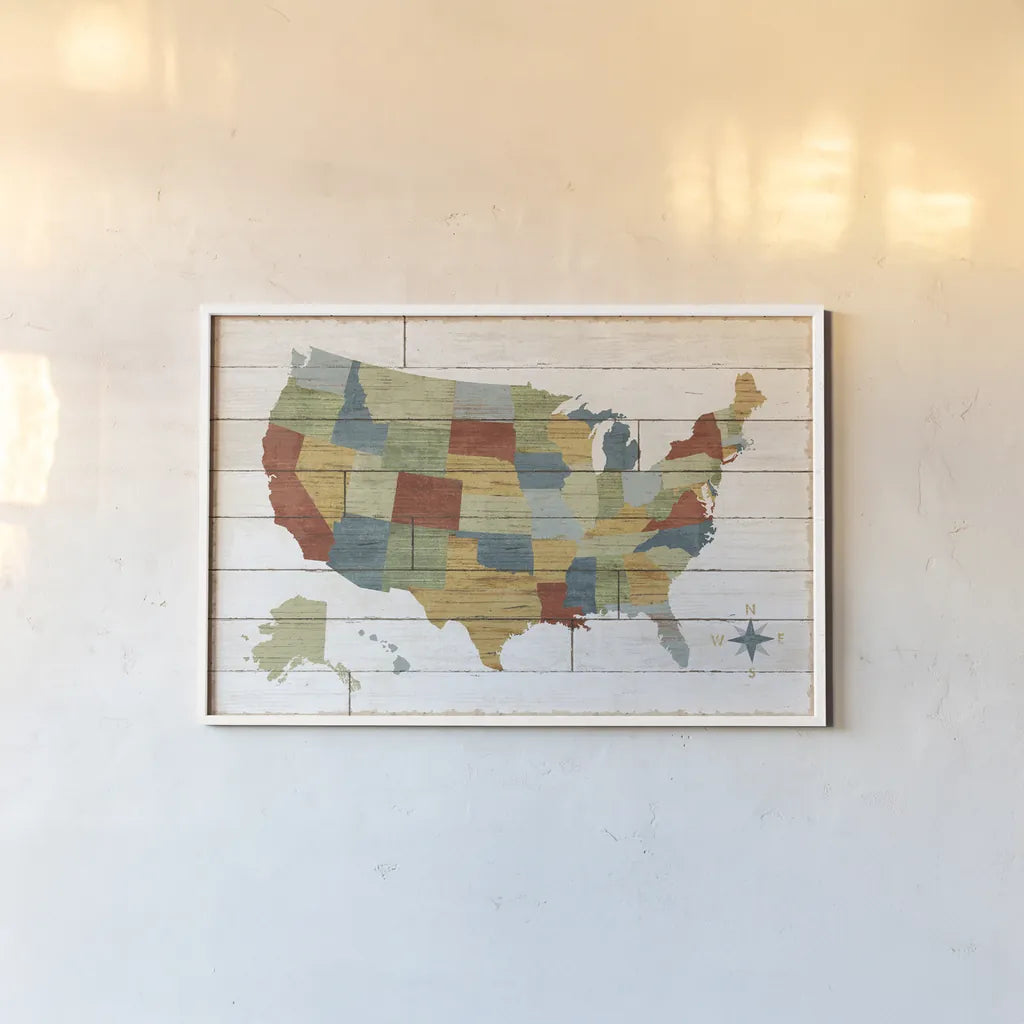 Barnboard Map no Words by Sue Schlabach. shown as a paper print in a white frame. Available as a archival giclee rolled canvas, fine art paper, or poster print. SKU 38870i.