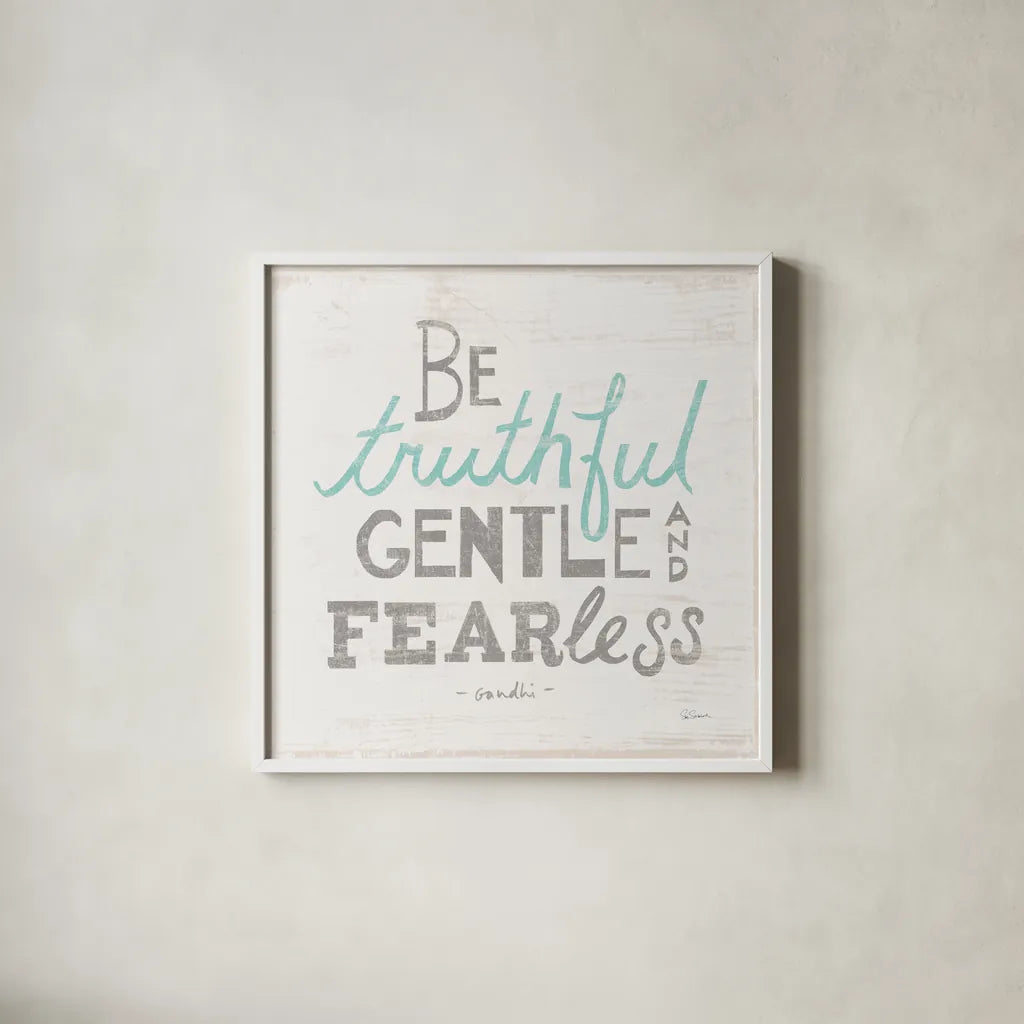 Be Truthful Gray by Sue Schlabach. Shown in a crisp white glass frame for a clean and minimalist style. Available as an archival giclee rolled canvas, fine art paper, or poster print. SKU 56408a.
