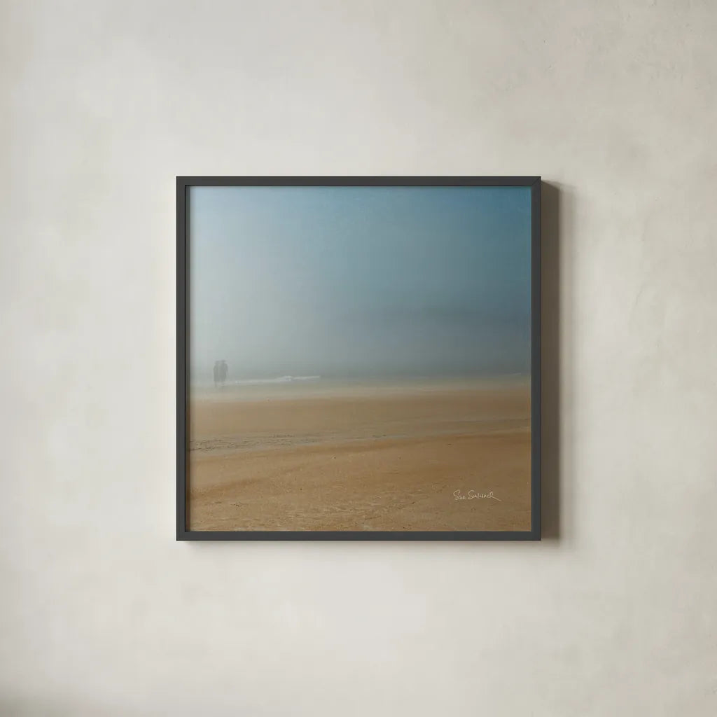 Beach Stroll no Border by Sue Schlabach. Shown in a sleek black glass frame for a contemporary gallery look. Available as an archival giclee rolled canvas, fine art paper, or poster print. SKU 10606a.