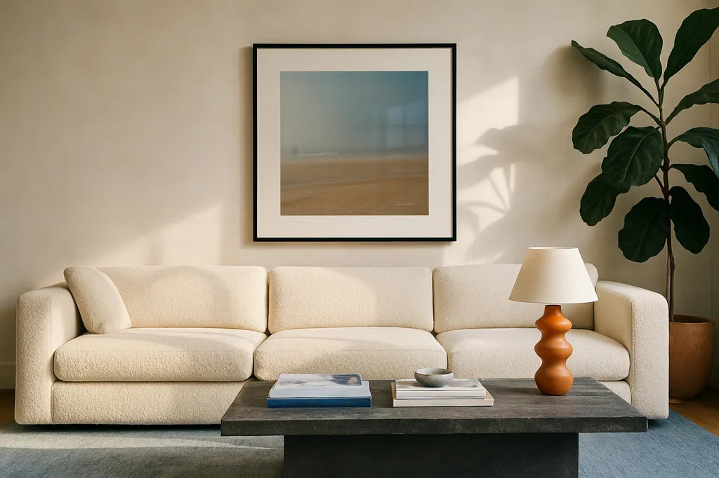 Beach Stroll no Border by Sue Schlabach. Displayed in a glass frame with matte in a clean modern living room. Available as an archival giclee rolled canvas, fine art paper, or poster print. SKU 10606a.
