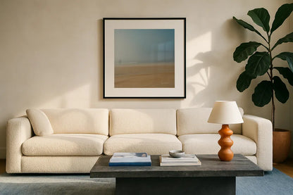 Beach Stroll no Border by Sue Schlabach. Displayed in a glass frame with matte in a clean modern living room. Available as an archival giclee rolled canvas, fine art paper, or poster print. SKU 10606a.