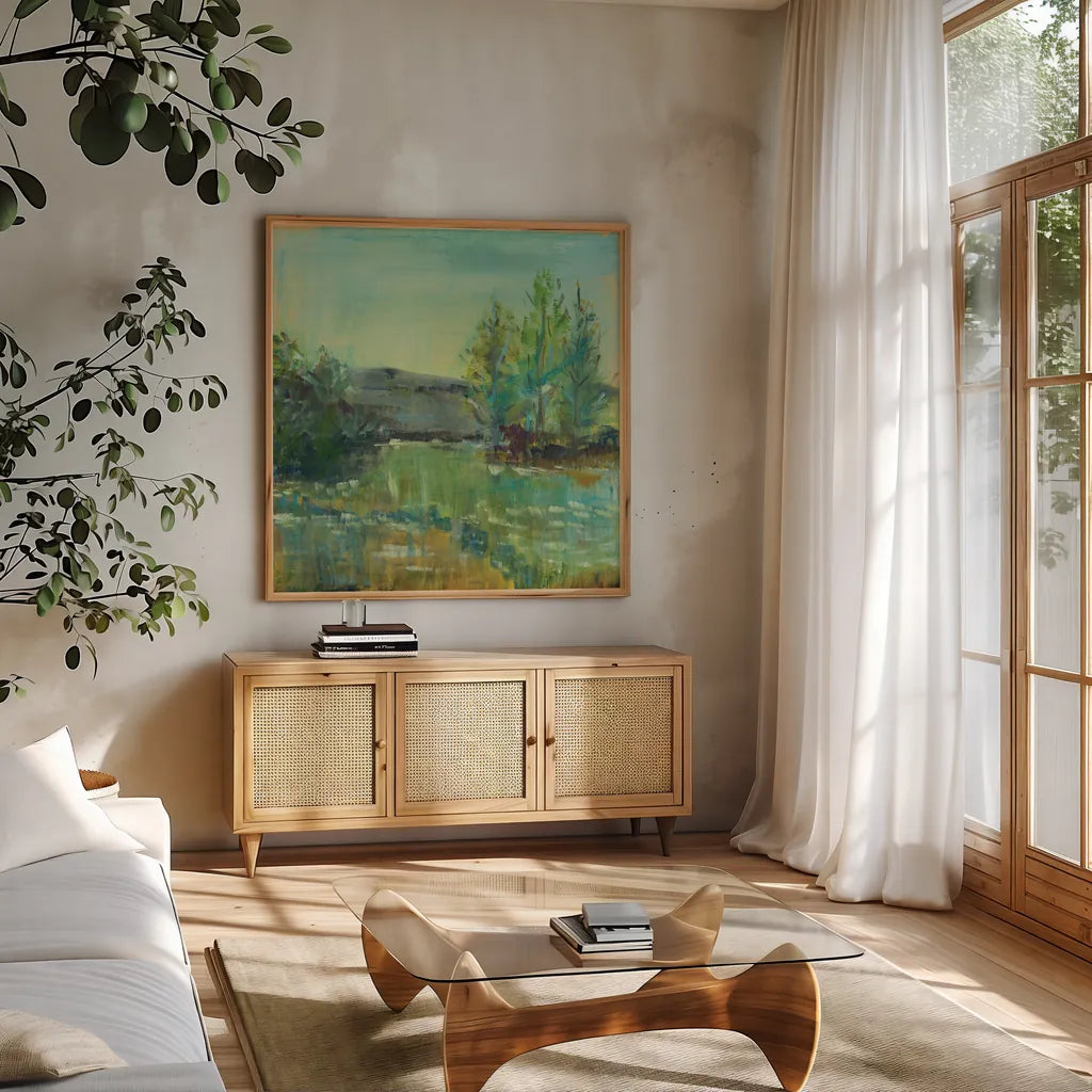Beautiful Life by Sue Schlabach. Shown in a natural wood frame in a cozy modern living room. Available as an archival giclee rolled canvas, fine art paper, or poster print. SKU 38101a.
