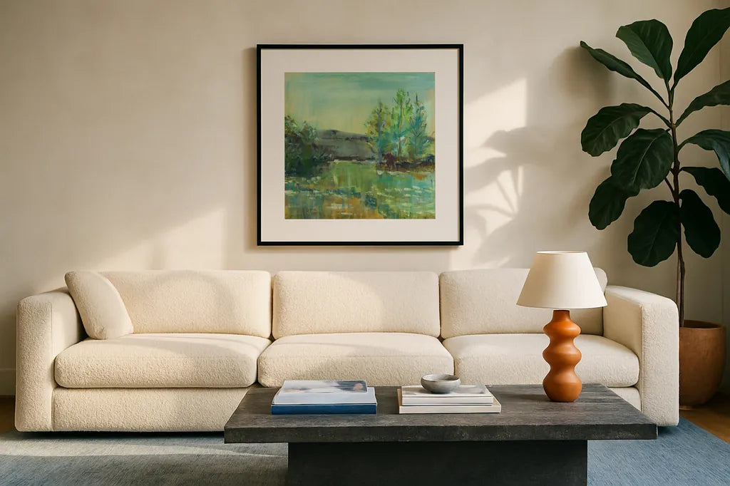 Beautiful Life by Sue Schlabach. Displayed in a glass frame with matte in a clean modern living room. Available as an archival giclee rolled canvas, fine art paper, or poster print. SKU 38101a.