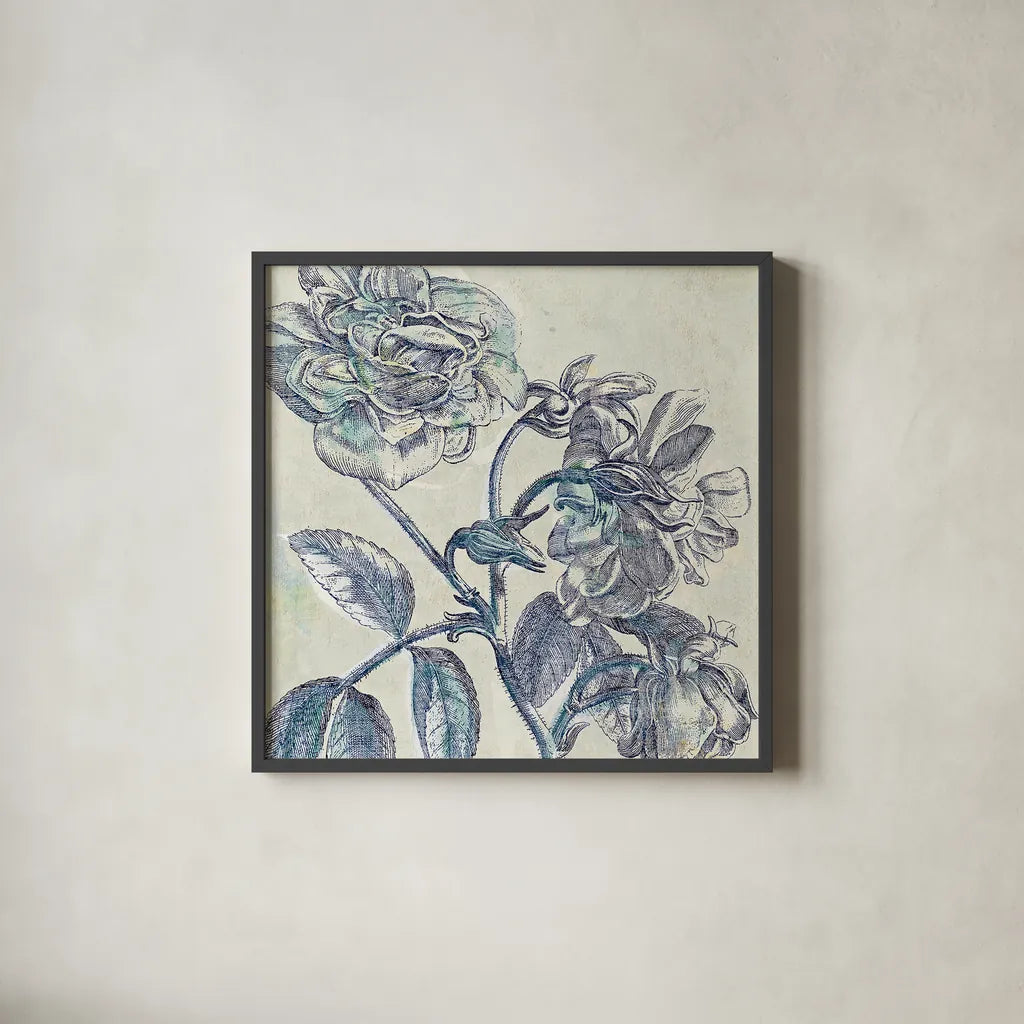 Belle Fleur I by Sue Schlabach. Shown in a sleek black glass frame for a contemporary gallery look. Available as an archival giclee rolled canvas, fine art paper, or poster print. SKU 20083a.