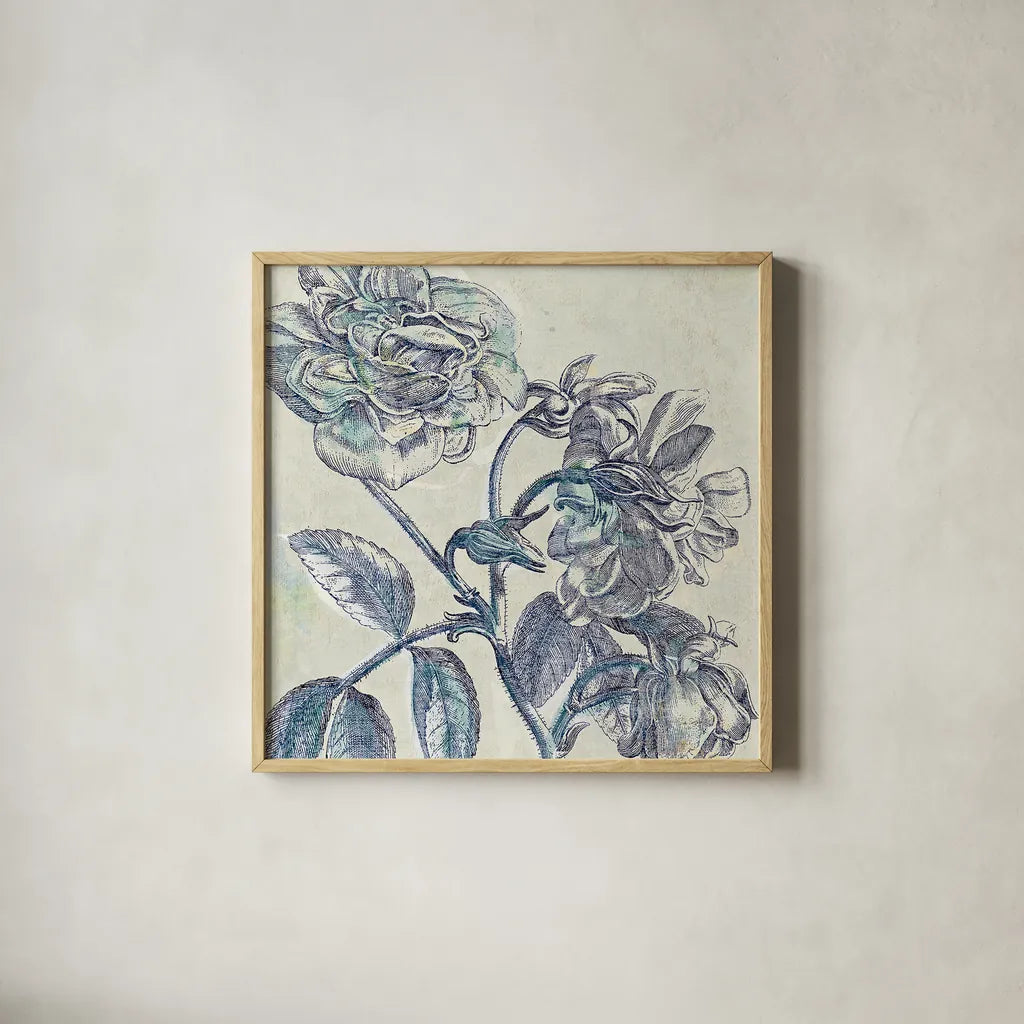 Belle Fleur I by Sue Schlabach. Shown in a natural wood glass frame for a timeless modern aesthetic. Available as an archival giclee rolled canvas, fine art paper, or poster print. SKU 20083a.