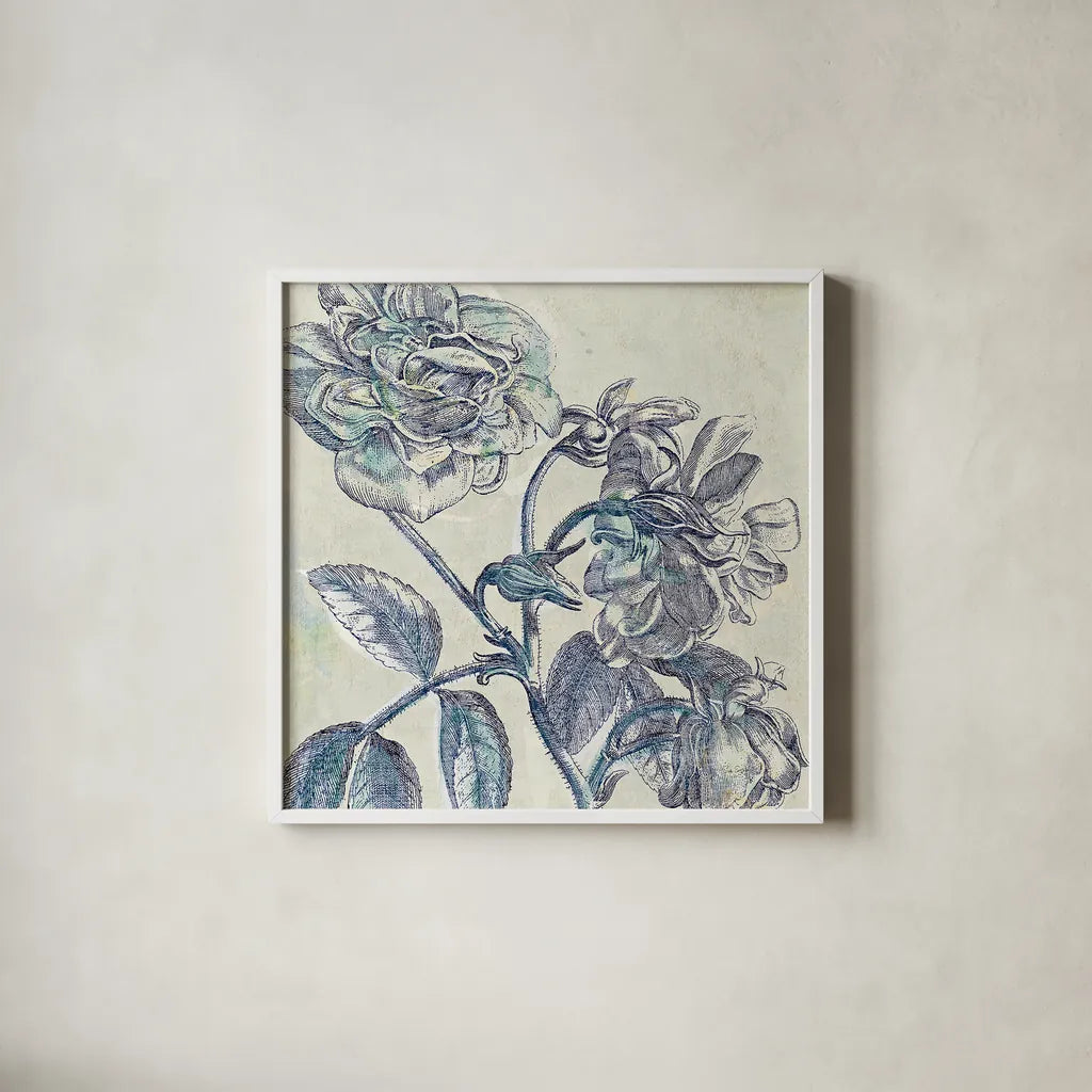 Belle Fleur I by Sue Schlabach. Shown in a crisp white glass frame for a clean and minimalist style. Available as an archival giclee rolled canvas, fine art paper, or poster print. SKU 20083a.