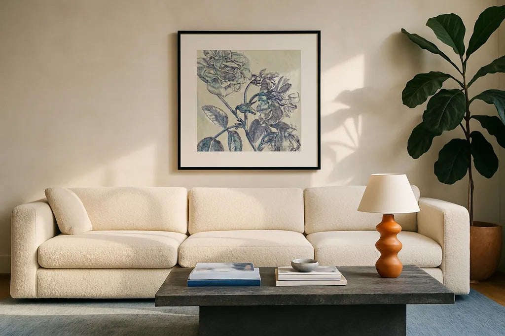 Belle Fleur I by Sue Schlabach. Displayed in a glass frame with matte in a clean modern living room. Available as an archival giclee rolled canvas, fine art paper, or poster print. SKU 20083a.