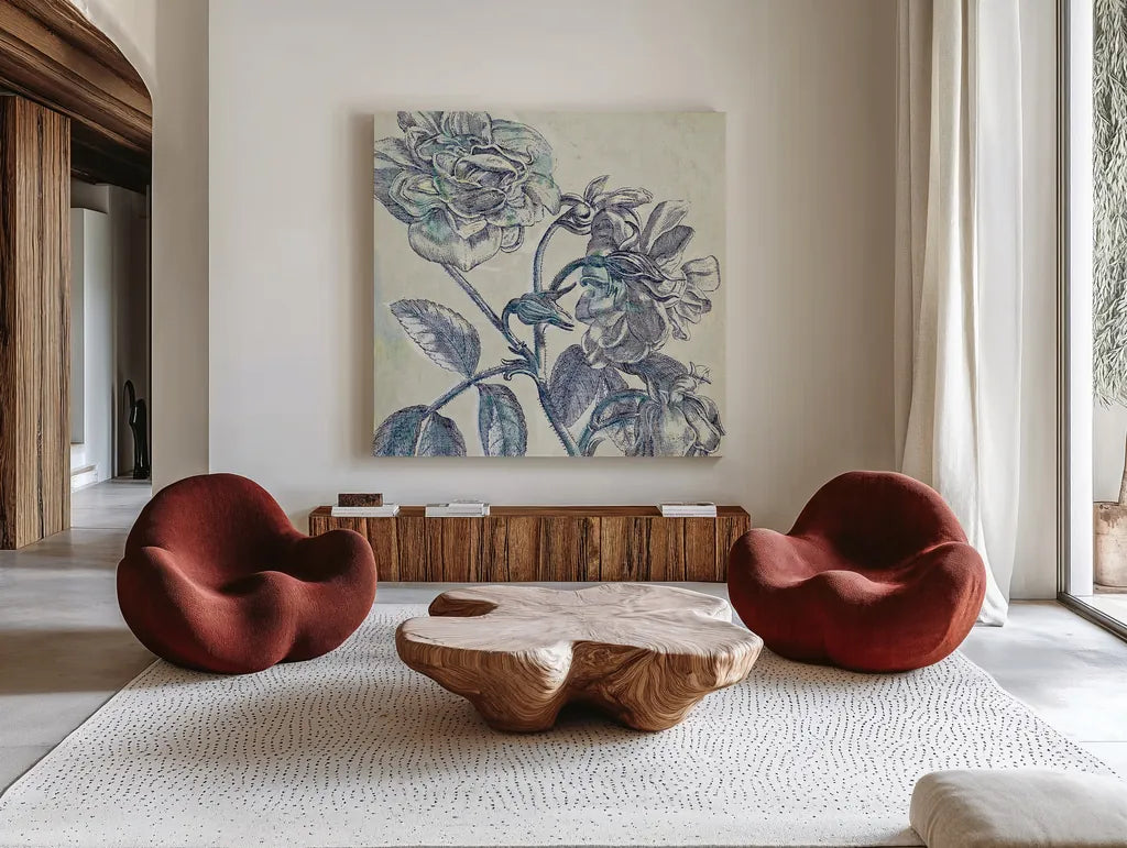 Belle Fleur I by Sue Schlabach. Shown as extra-large giant wall art in a modern living room. Available as an archival giclee rolled canvas, fine art paper, or poster print. SKU 20083a.