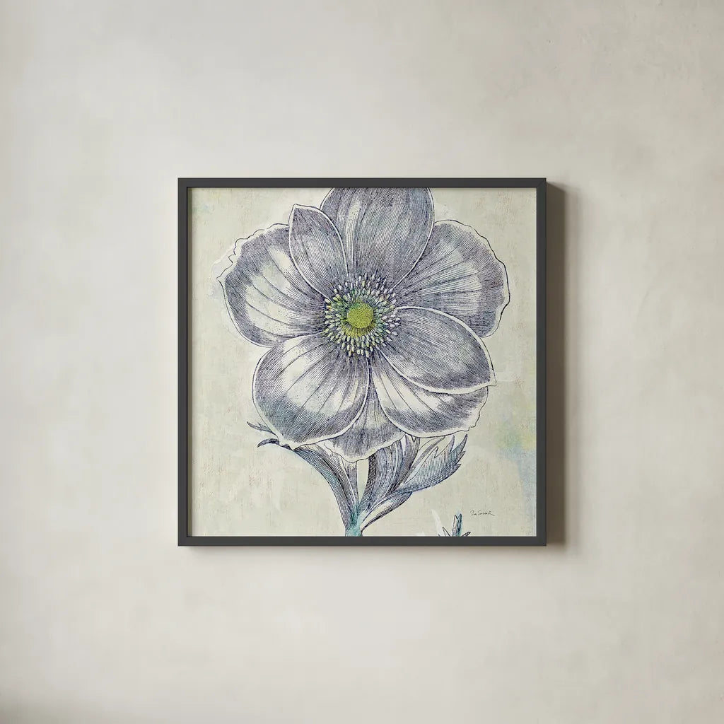 Belle Fleur II by Sue Schlabach. Shown in a sleek black glass frame for a contemporary gallery look. Available as an archival giclee rolled canvas, fine art paper, or poster print. SKU 20084a.