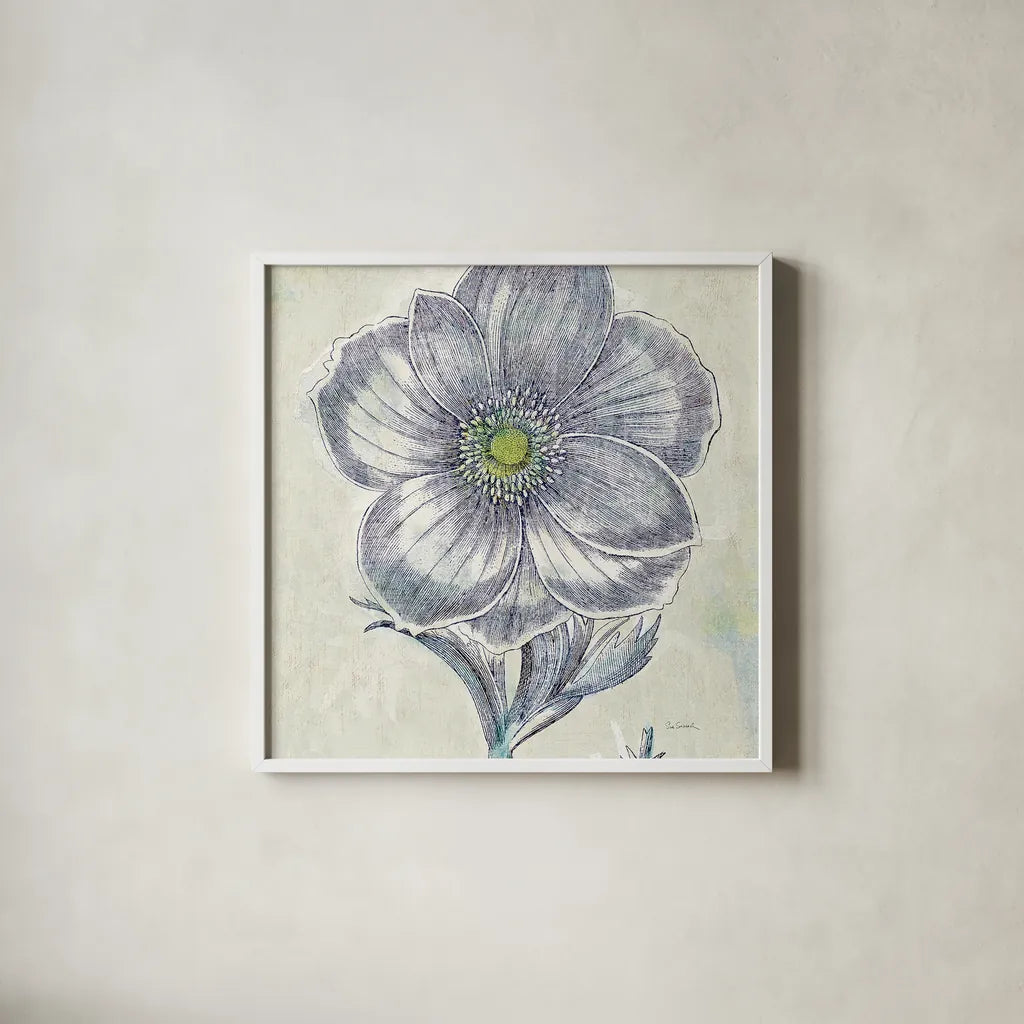 Belle Fleur II by Sue Schlabach. Shown in a crisp white glass frame for a clean and minimalist style. Available as an archival giclee rolled canvas, fine art paper, or poster print. SKU 20084a.