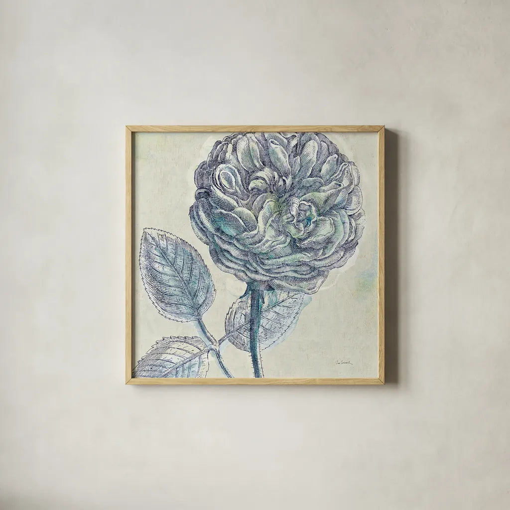 Belle Fleur III by Sue Schlabach. Shown in a natural wood glass frame for a timeless modern aesthetic. Available as an archival giclee rolled canvas, fine art paper, or poster print. SKU 20085a.