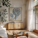 Belle Fleur III by Sue Schlabach. Shown in a natural wood frame in a cozy modern living room. Available as an archival giclee rolled canvas, fine art paper, or poster print. SKU 20085a.