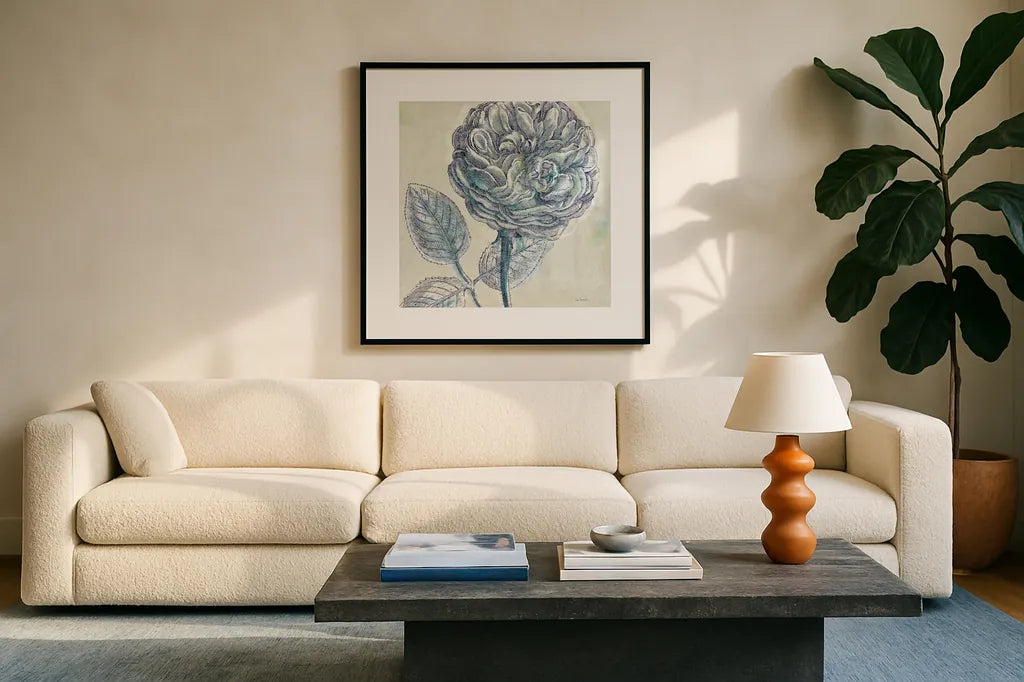 Belle Fleur III by Sue Schlabach. Displayed in a glass frame with matte in a clean modern living room. Available as an archival giclee rolled canvas, fine art paper, or poster print. SKU 20085a.