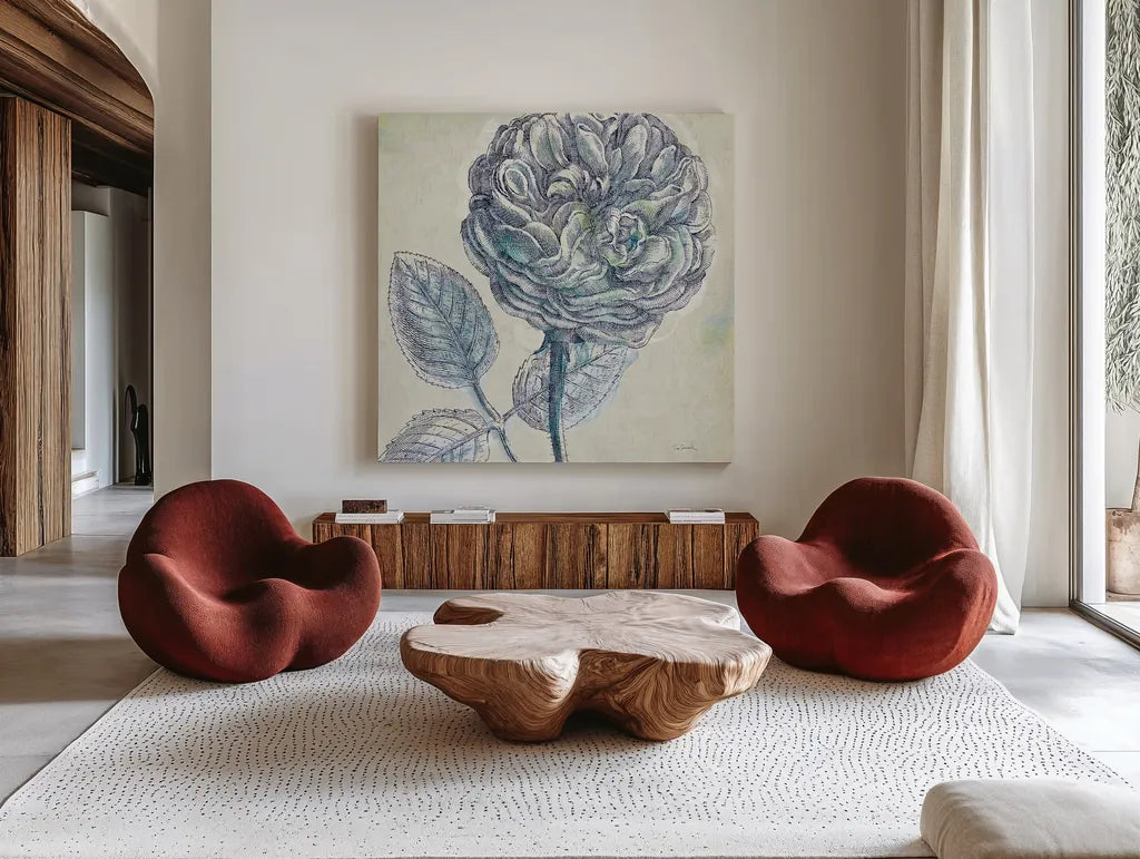 Belle Fleur III by Sue Schlabach. Shown as extra-large giant wall art in a modern living room. Available as an archival giclee rolled canvas, fine art paper, or poster print. SKU 20085a.