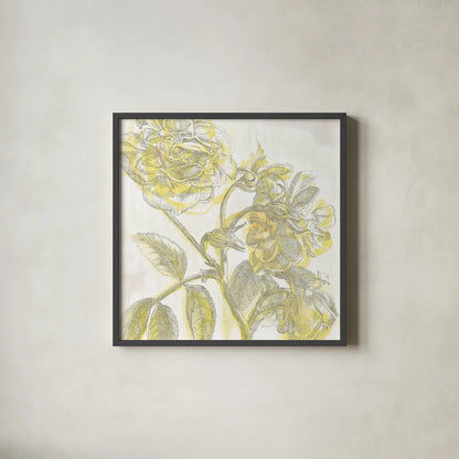 Belle Fleur Yellow I by Sue Schlabach. Shown in a sleek black glass frame for a contemporary gallery look. Available as an archival giclee rolled canvas, fine art paper, or poster print. SKU 18646a.