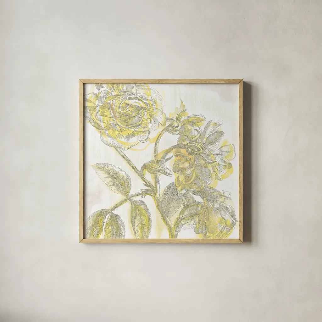 Belle Fleur Yellow I by Sue Schlabach. Shown in a natural wood glass frame for a timeless modern aesthetic. Available as an archival giclee rolled canvas, fine art paper, or poster print. SKU 18646a.