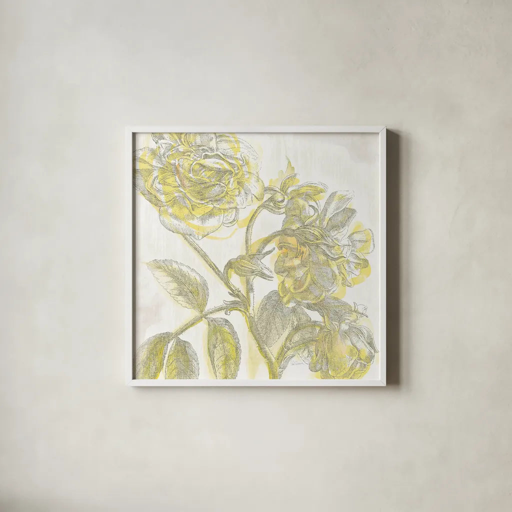 Belle Fleur Yellow I by Sue Schlabach. Shown in a crisp white glass frame for a clean and minimalist style. Available as an archival giclee rolled canvas, fine art paper, or poster print. SKU 18646a.