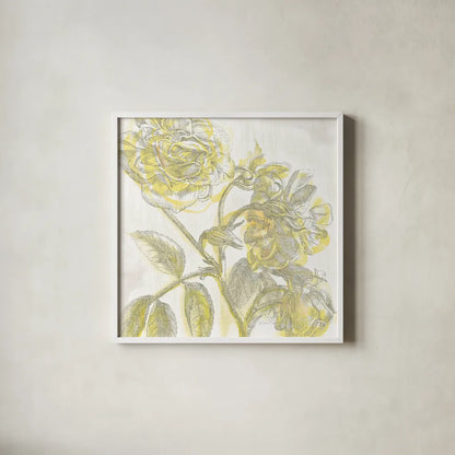 Belle Fleur Yellow I by Sue Schlabach. Shown in a crisp white glass frame for a clean and minimalist style. Available as an archival giclee rolled canvas, fine art paper, or poster print. SKU 18646a.