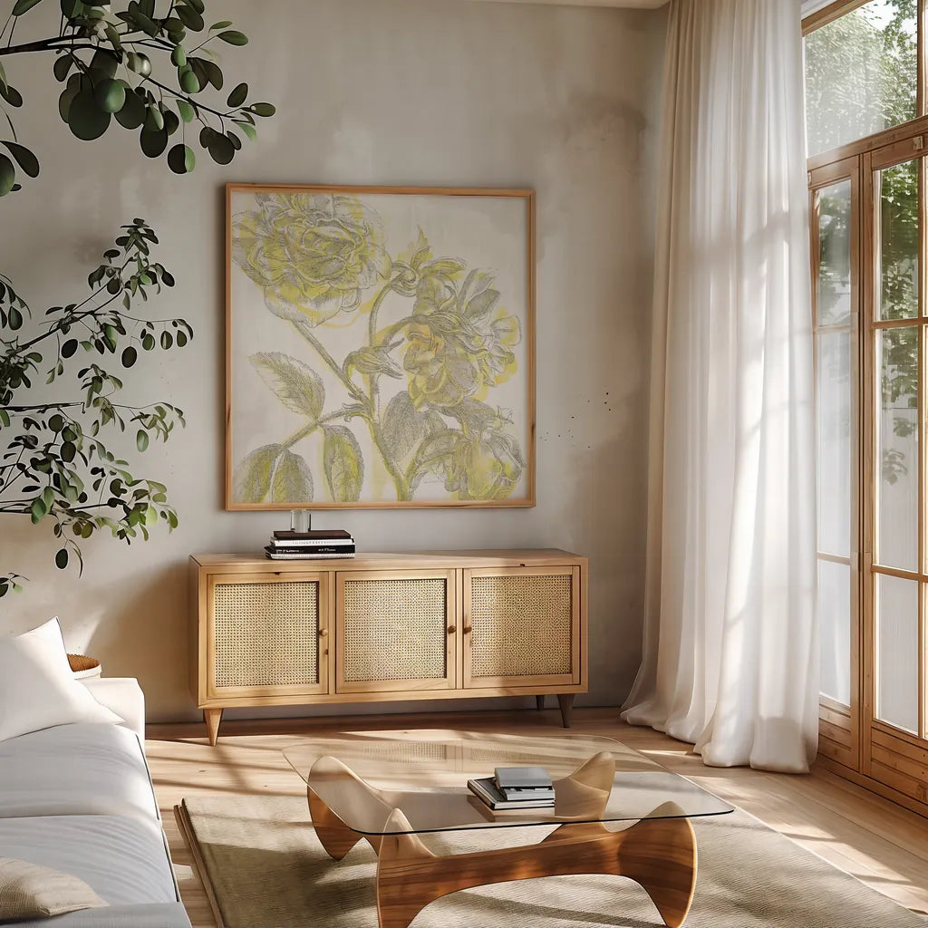 Belle Fleur Yellow I by Sue Schlabach. Shown in a natural wood frame in a cozy modern living room. Available as an archival giclee rolled canvas, fine art paper, or poster print. SKU 18646a.