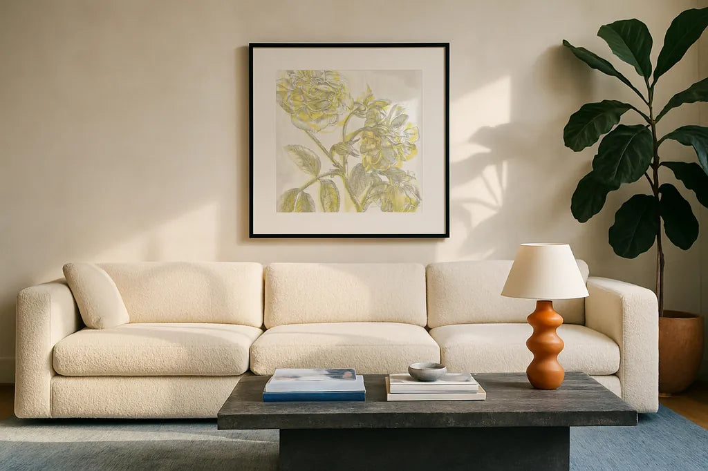 Belle Fleur Yellow I by Sue Schlabach. Displayed in a glass frame with matte in a clean modern living room. Available as an archival giclee rolled canvas, fine art paper, or poster print. SKU 18646a.