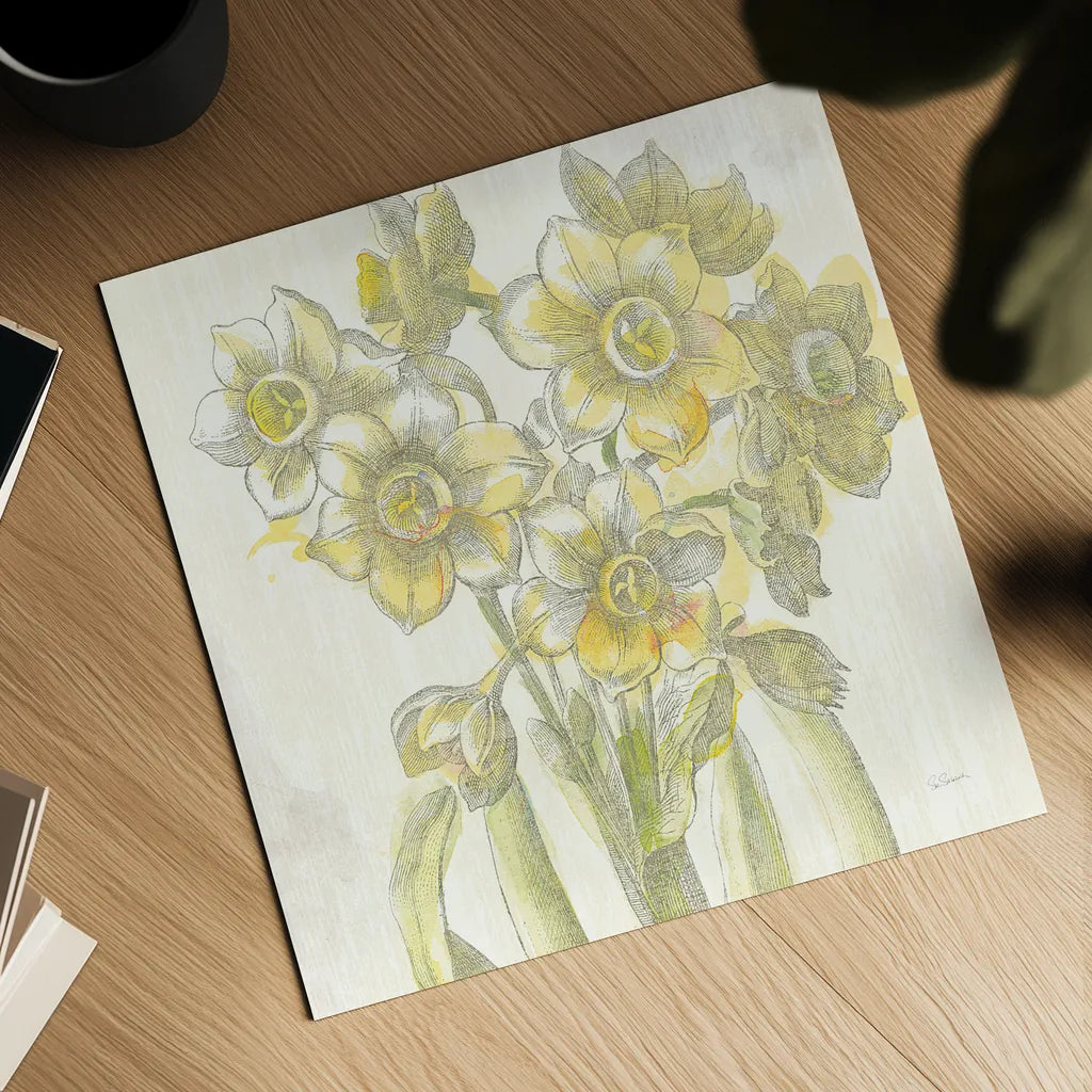 Belle Fleur Yellow IV by Sue Schlabach. Shown as a detailed flat fine art print, highlighting archival giclee quality. Available as an archival giclee rolled canvas, fine art paper, or poster print. SKU 18649a.