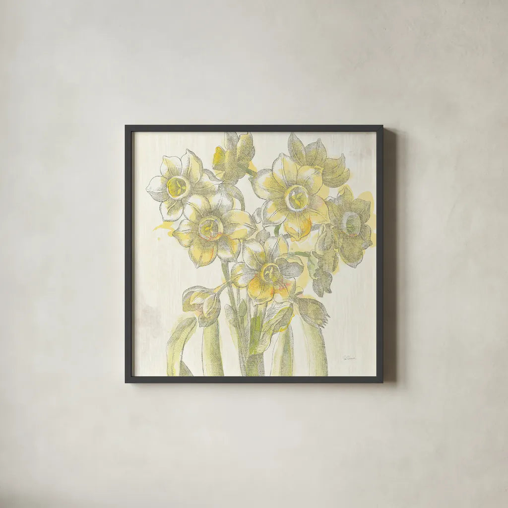 Belle Fleur Yellow IV by Sue Schlabach. Shown in a sleek black glass frame for a contemporary gallery look. Available as an archival giclee rolled canvas, fine art paper, or poster print. SKU 18649a.