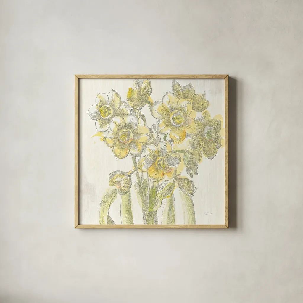 Belle Fleur Yellow IV by Sue Schlabach. Shown in a natural wood glass frame for a timeless modern aesthetic. Available as an archival giclee rolled canvas, fine art paper, or poster print. SKU 18649a.