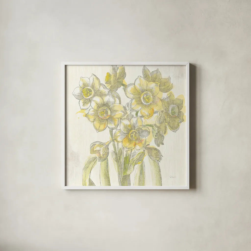 Belle Fleur Yellow IV by Sue Schlabach. Shown in a crisp white glass frame for a clean and minimalist style. Available as an archival giclee rolled canvas, fine art paper, or poster print. SKU 18649a.
