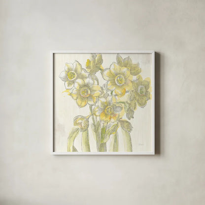 Belle Fleur Yellow IV by Sue Schlabach. Shown in a crisp white glass frame for a clean and minimalist style. Available as an archival giclee rolled canvas, fine art paper, or poster print. SKU 18649a.