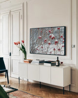 Berries in Winter by Sue Schlabach. shown as a framed stretched canvas in a living room above a console. Available as a archival giclee rolled canvas, fine art paper, or poster print. SKU 60941i.