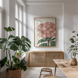 Bicolor Phlox Botany No Words by Sue Schlabach. shown as a print in a natural wood frame in a dining room. Available as a archival giclee rolled canvas, fine art paper, or poster print. SKU 44803h.