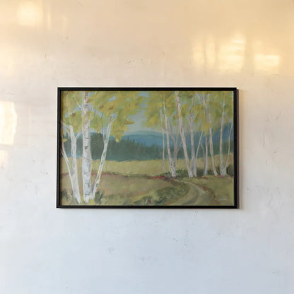 Birch Road by Sue Schlabach. shown as a paper print in a black flame. Available as a archival giclee rolled canvas, fine art paper, or poster print. SKU 68634i.