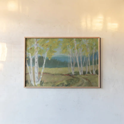 Birch Road by Sue Schlabach. shown as a paper print in a natural frame. Available as a archival giclee rolled canvas, fine art paper, or poster print. SKU 68634i.