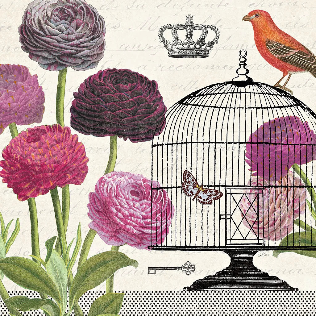 Birdcage Fauna I by Sue Schlabach. SKU 12329a. Archival Giclee Fine art print for wall decor.