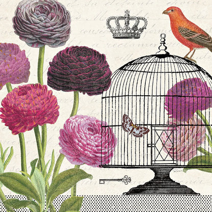 Birdcage Fauna I by Sue Schlabach. SKU 12329a. Archival Giclee Fine art print for wall decor.