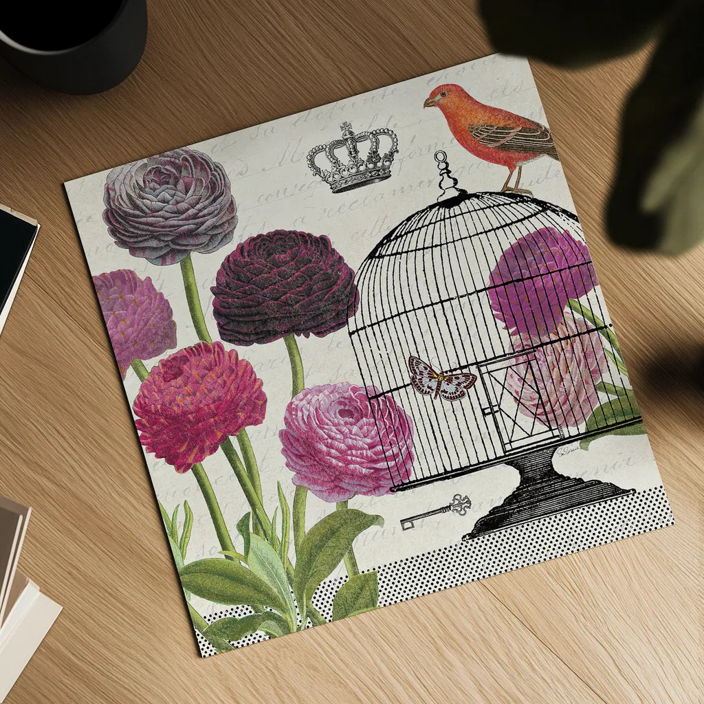 Birdcage Fauna I by Sue Schlabach. Shown as a detailed flat fine art print, highlighting archival giclee quality. Available as an archival giclee rolled canvas, fine art paper, or poster print. SKU 12329a.