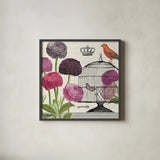 Birdcage Fauna I by Sue Schlabach. Shown in a sleek black glass frame for a contemporary gallery look. Available as an archival giclee rolled canvas, fine art paper, or poster print. SKU 12329a.