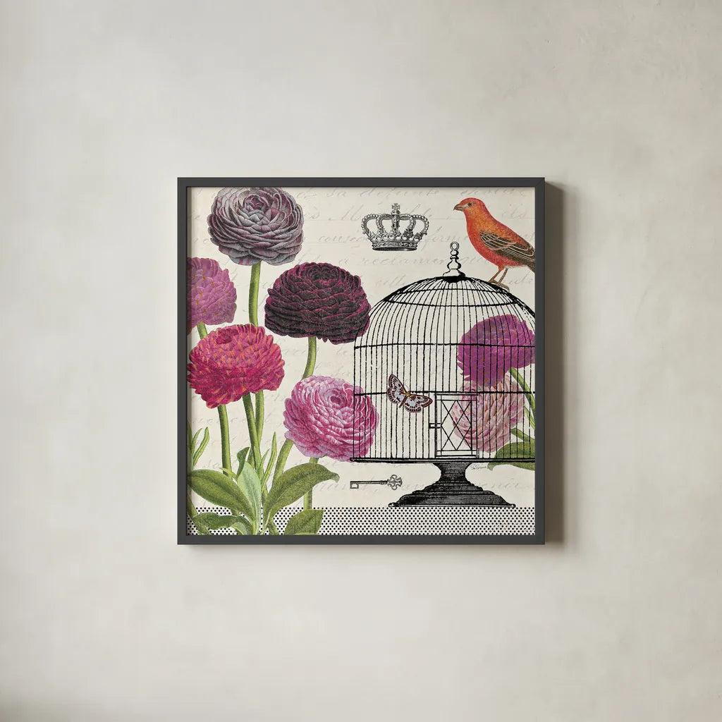 Birdcage Fauna I by Sue Schlabach. Shown in a sleek black glass frame for a contemporary gallery look. Available as an archival giclee rolled canvas, fine art paper, or poster print. SKU 12329a.