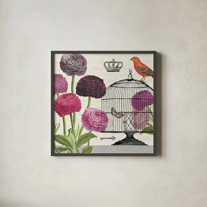 Birdcage Fauna I by Sue Schlabach. Shown in a sleek black glass frame for a contemporary gallery look. Available as an archival giclee rolled canvas, fine art paper, or poster print. SKU 12329a.