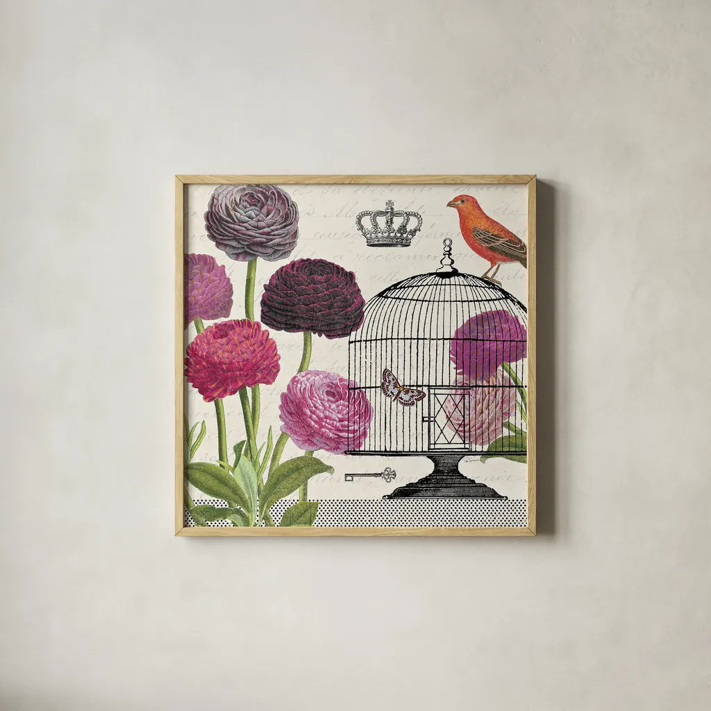 Birdcage Fauna I by Sue Schlabach. Shown in a natural wood glass frame for a timeless modern aesthetic. Available as an archival giclee rolled canvas, fine art paper, or poster print. SKU 12329a.