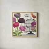 Birdcage Fauna I by Sue Schlabach. Shown in a natural wood glass frame for a timeless modern aesthetic. Available as an archival giclee rolled canvas, fine art paper, or poster print. SKU 12329a.