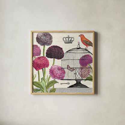 Birdcage Fauna I by Sue Schlabach. Shown in a natural wood glass frame for a timeless modern aesthetic. Available as an archival giclee rolled canvas, fine art paper, or poster print. SKU 12329a.