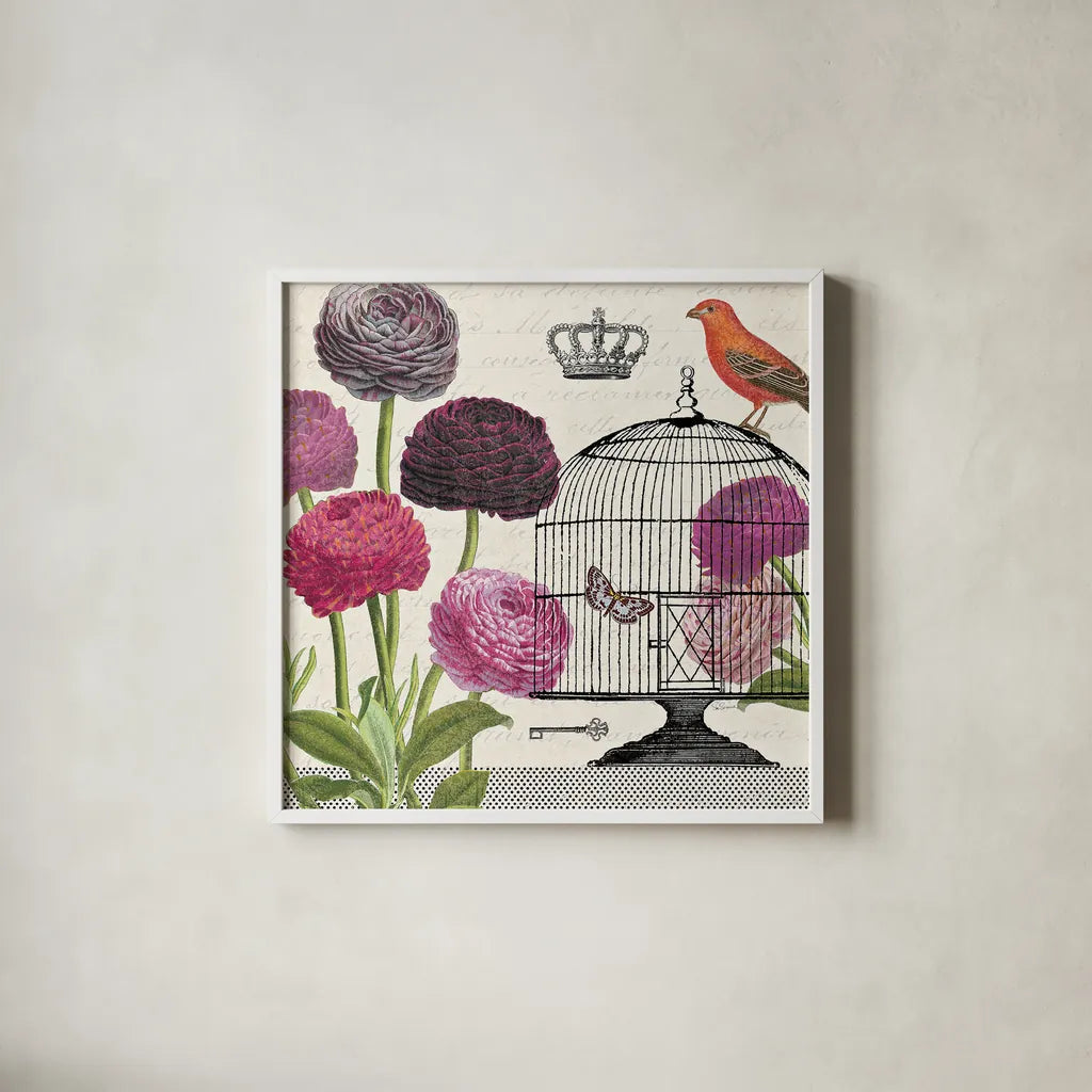 Birdcage Fauna I by Sue Schlabach. Shown in a crisp white glass frame for a clean and minimalist style. Available as an archival giclee rolled canvas, fine art paper, or poster print. SKU 12329a.