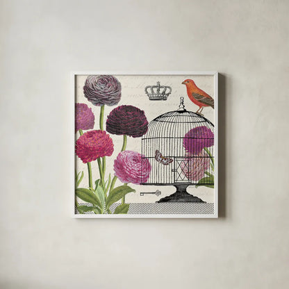 Birdcage Fauna I by Sue Schlabach. Shown in a crisp white glass frame for a clean and minimalist style. Available as an archival giclee rolled canvas, fine art paper, or poster print. SKU 12329a.